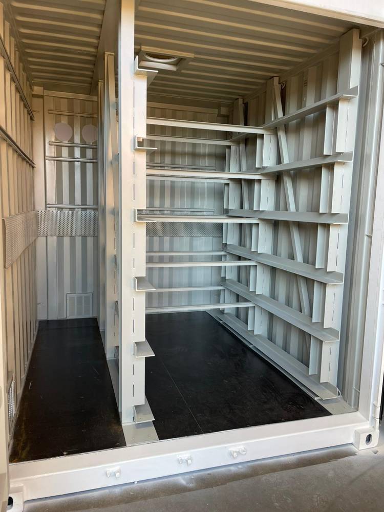 Steel battery rack fabricated inside the pod container